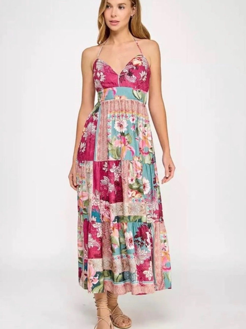 Katia Boho Patchwork Maxi Dress in Rose, Pink, floral Print